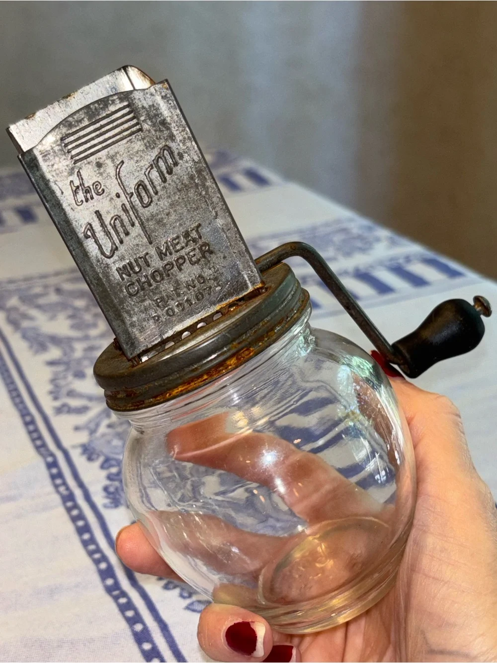 Vintage 1930s Uniform Nut Meat Chopper Hazel Atlas Glass Jar Hand Crank
